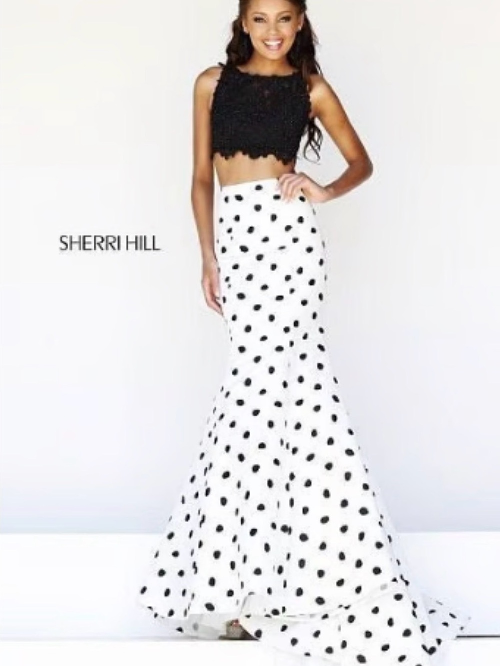 Sherri Hill Black Lace Crop Top with White Polka Dot Mermaid Skirt